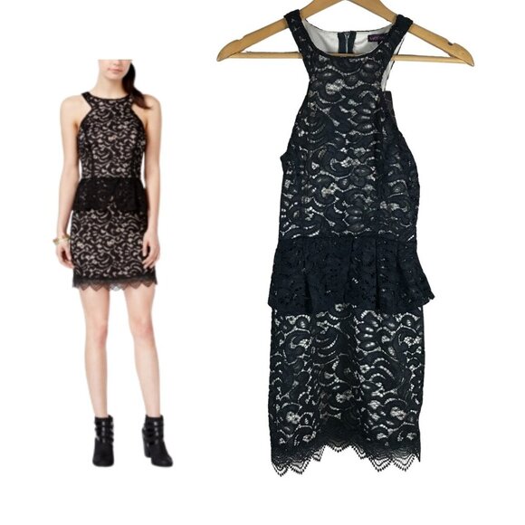 Material Girl Black/Tan Peplum Lace Bodycon Dress NWT XS - Picture 1 of 7